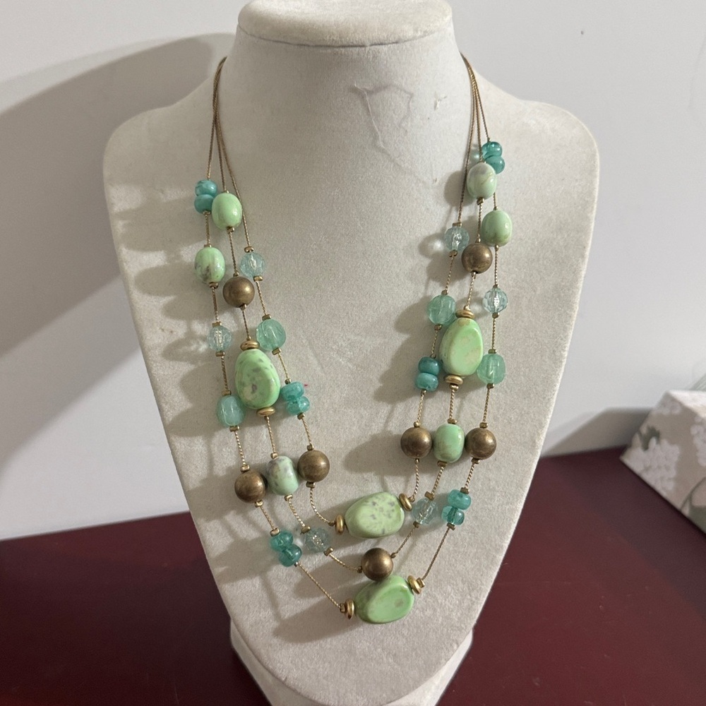Three strand statement, necklace with Green and Gold Beaded Necklace